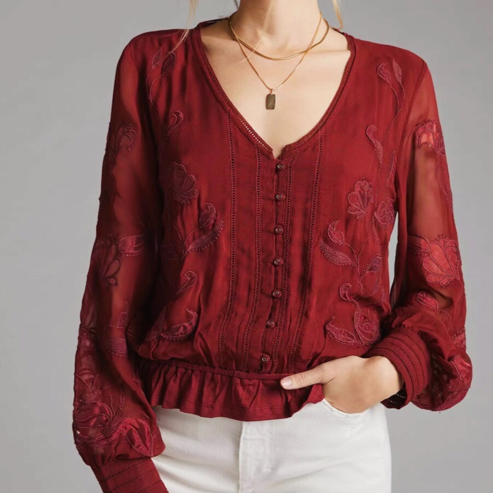 Anthropologie Wine Embroidered Blouse